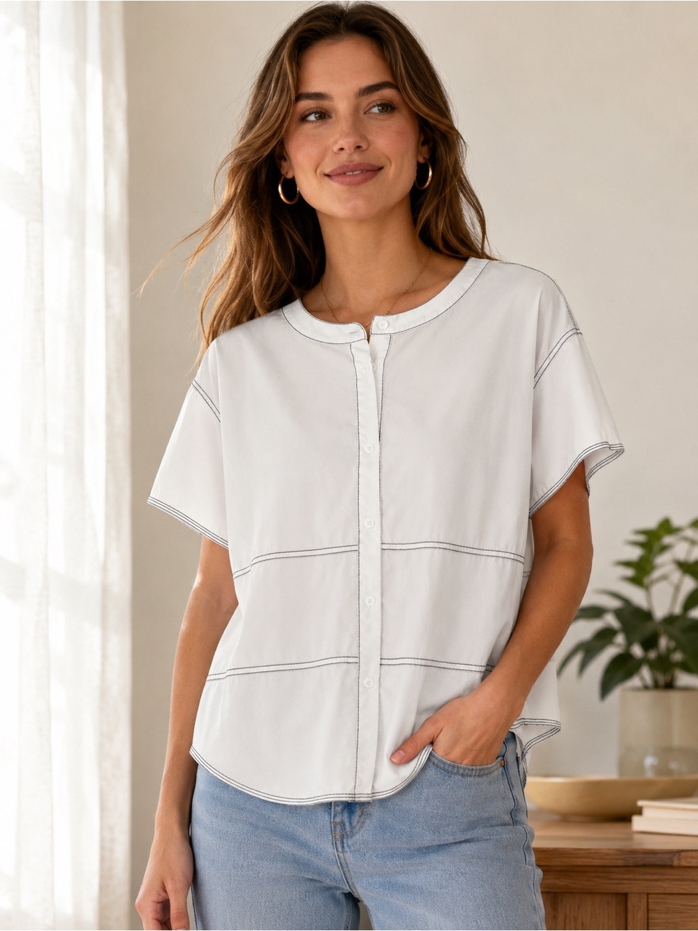 Donna Karan New York Women's Short Sleeve Blouse - Size L